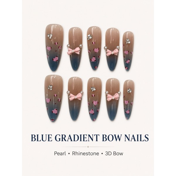 Blue French 3D Floral Press‑On Nails, Short Square Fresh & Gentle False Nails